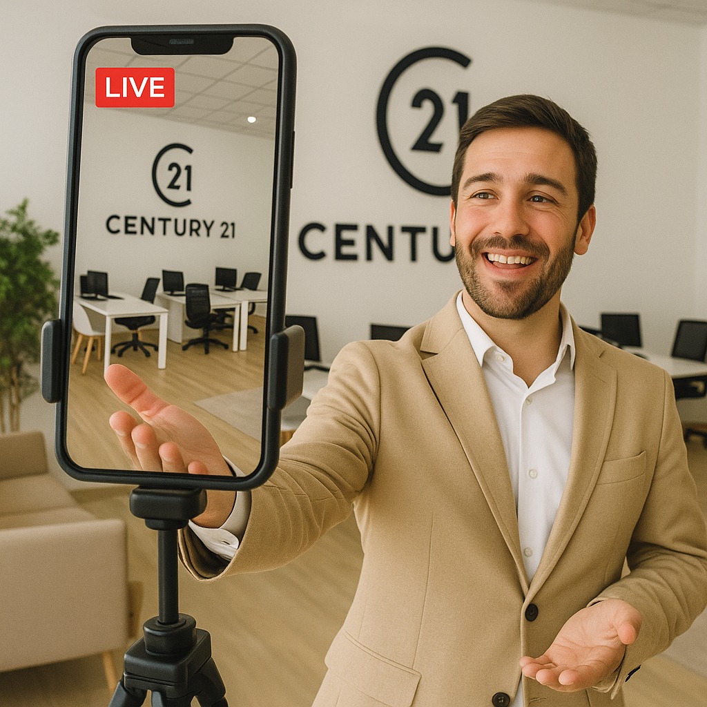 Consultor imobiliário da Century 21 em direto nas redes sociais, a transmitir confiança e profissionalismo