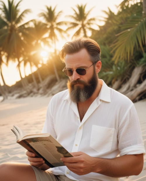 Homem barbudo de meia-idade, com óculos de sol e camisa branca, lendo um livro enquanto está sentado na areia de uma praia tropical ao pôr do sol.