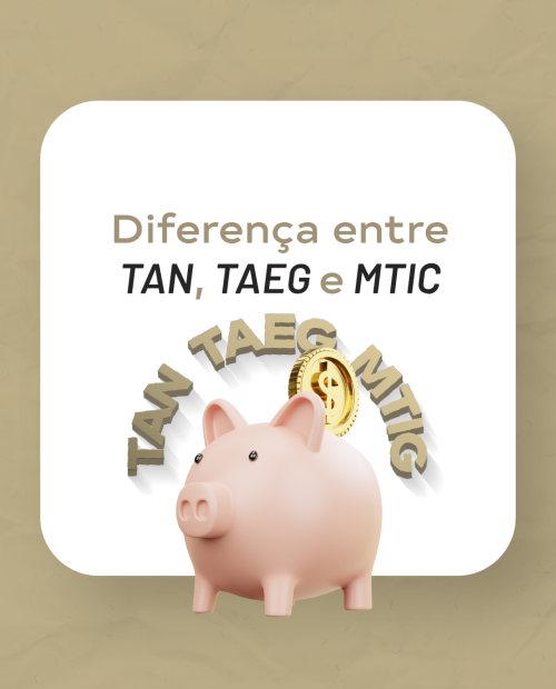 Imagem ilustrativa com o título “Diferença entre TAN, TAEG e MTIC”, mostrando um mealheiro cor-de-rosa e uma moeda dourada, representando poupança e crédito habitação.