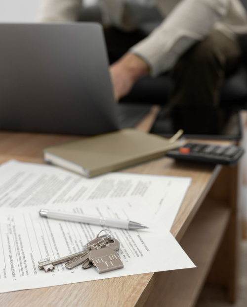 Documentos, chaves e computador portátil sobre uma mesa, simbolizando o processo de pedido de crédito habitação e organização da documentação necessária.